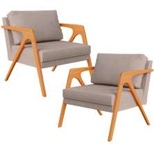 Kit 02 Poltronas Decorativas Para Sala Estar Pietra Estrutura De Madeira L02 Linho Bege - Lyam Decor