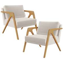 Kit 02 Poltronas Decorativas Para Sala Estar Pietra Estrutura De Madeira L02 Linho Cru - Lyam Decor