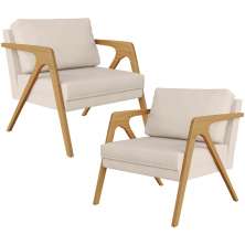 Kit 02 Poltronas Decorativas Para Sala Estar Pietra Estrutura De Madeira L02 Suede Bege - Lyam Decor