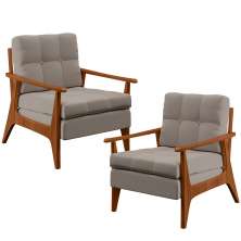 Kit 02 Poltronas Decorativas Para Sala de Estar Encosto Ripado Emília B04 Linho Bege - Lyam Decor