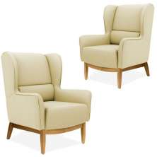 Kit 02 Poltronas Decorativas Para Sala de Estar Milena D02 Base de Madeira Corano Bege C-26 - Lyam Decor