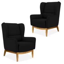 Kit 02 Poltronas Decorativas Para Sala de Estar Milena D02 Base de Madeira Corano Preto C-05 - Lyam Decor