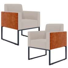 Kit 02 Poltronas Decorativas Sala Base fixa Metal Helô L02 Linho Bege Couríssimo Camel - Lyam Decor