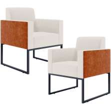Kit 02 Poltronas Decorativas Sala Base fixa Metal Helô L02 Linho Cru Couríssimo Camel - Lyam Decor