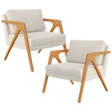 Kit 02 Poltronas Decorativas Sala Estar Pietra Estrutura De Madeira L02 Linho Champagne - Lyam Decor