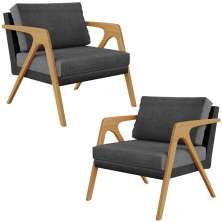 Kit 02 Poltronas Decorativas Sala Estar Pietra L02 Couríssimo Preto Linho Cinza Escuro - Lyam Decor