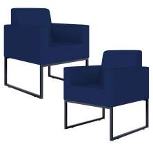 Kit 02 Poltronas Decorativas Sala Recepção Base Fixa Metal Helô L02 Suede Azul Marinho - Lyam Decor