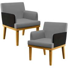 Kit 02 Poltronas Decorativas Sala de Estar Beatriz W01 Linho Cinza Escuro Couríssimo Preto - Lyam Decor