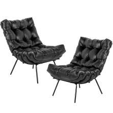 Kit 02 Poltronas Decorativas Sala de Estar Costela Preto L04 Couro Preto - Lyam Decor