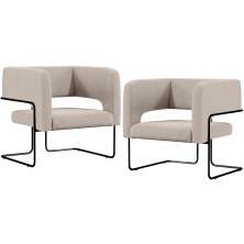 Kit 02 Poltronas Decorativas Scarlett D02 Base de Aço Preto Linho Bege C-107 - Lyam Decor