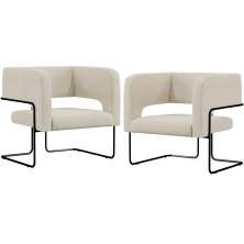 Kit 02 Poltronas Decorativas Scarlett D02 Base de Aço Preto Linho Champagne A-49 - Lyam Decor