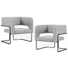 Kit 02 Poltronas Decorativas Scarlett D02 Base de Aço Preto Linho Cinza C-315 - Lyam Decor