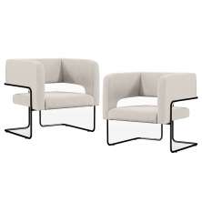Kit 02 Poltronas Decorativas Scarlett D02 Base de Aço Preto Linho Cru B-443 - Lyam Decor