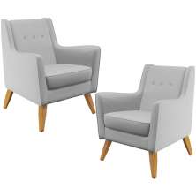 Kit 02 Poltronas Decorativas com Pés de Madeira Taroba D02 Linho Cinza D-315 - Lyam Decor