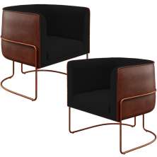 Kit 02 Poltronas Fixas Base Aço Cobre Betina D02 Veludo Preto C-300 Corano Marrom - Lyam Decor