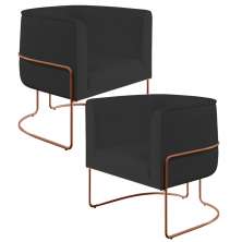 Kit 02 Poltronas Fixas Base Aço Cobre Betina D02 Veludo Preto C-300 Corano Preto - Lyam Decor