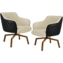 Kit 02 Poltronas Giratória Base Ka Jade D02 Linho Bege C-129 Tressê Corano Preto - Lyam Decor