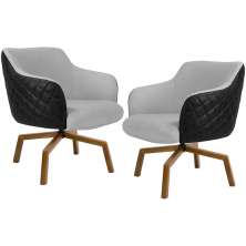 Kit 02 Poltronas Giratória Base Ka Jade D02 Linho Cinza C-315 Tressê Corano Preto - Lyam Decor