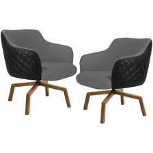 Kit 02 Poltronas Giratória Base Ka Jade D02 Linho Cinza C-416 Tressê Corano Preto - Lyam Decor