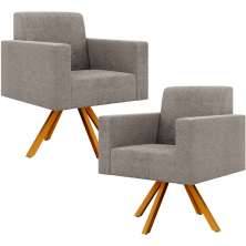 Kit 02 Poltronas Giratórias Sala de Estar Base de Madeira Helô L02 Bouclê Bege - Lyam Decor