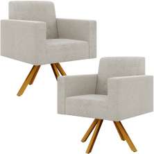 Kit 02 Poltronas Giratórias Sala de Estar Base de Madeira Helô L02 Bouclê Creme - Lyam Decor