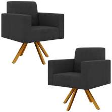 Kit 02 Poltronas Giratórias Sala de Estar Base de Madeira Helô L02 Bouclê Preto - Lyam Decor