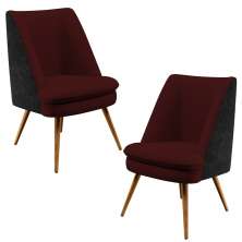 Kit 02 Poltronas Pérsia Fixa Pés Palito D02 Veludo Marsala C-278 Corano Preto B-97 - Lyam Decor