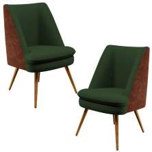 Kit 02 Poltronas Pérsia Pés Palito D02 Linho Verde Musgo C-117 Corano Marrom B-38 - Lyam Decor
