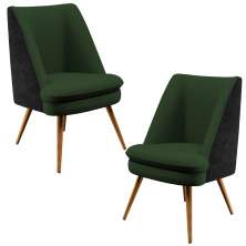 Kit 02 Poltronas Pérsia Pés Palito D02 Linho Verde Musgo C-117 Corano Preto B-97 - Lyam Decor