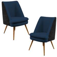 Kit 02 Poltronas Pérsia Pés Palito D02 Veludo Azul Marinho C-304 Corano Preto B-97 - Lyam Decor