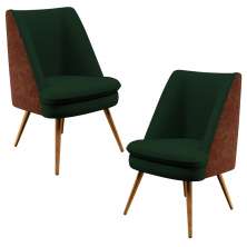 Kit 02 Poltronas Pérsia Pés Palito D02 Veludo Verde Musgo C-303 Corano Marrom B-38 - Lyam Decor