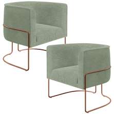Kit 02 Poltronas Para Sala De Estar Decorativa Fixa Base Aço New Cobre Betina D02 Bouclê Oliva - Lyam Decor