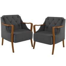 Kit 02 Poltronas Para Sala De Estar Decorativas Base Fixa Coral M03 Linho Chumbo - Lyam Decor