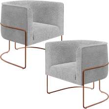 Kit 02 Poltronas Para Sala De Estar Fixa Base Aço New Cobre Betina D02 Bouclê Cinza - Lyam Decor