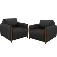 Kit 02 Poltronas Para Sala De Estar Pés De Madeira Fixa Flora M03 Couríssimo Preto - Lyam Decor