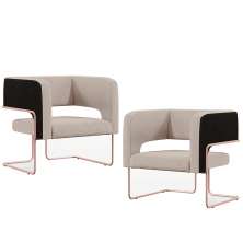 Kit 02 Poltronas Scarlett D02 Base De Aço New Cobre Corano Preto C-05 Linho Bege C-107 - Lyam Decor
