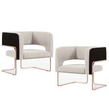 Kit 02 Poltronas Scarlett D02 Base De Aço New Cobre Corano Preto C-05 Linho Cru C-443 - Lyam Decor