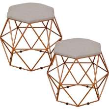 Kit 02 Puffs Decorativo Aramado Bronze Six L02 Linho Bege - Lyam Decor
