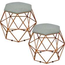 Kit 02 Puffs Decorativo Aramado Bronze Six L02 Linho Cinza Escuro - Lyam Decor