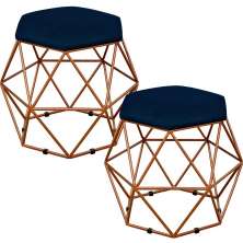 Kit 02 Puffs Decorativo Aramado Bronze Six L02 Suede Azul Marinho - Lyam Decor