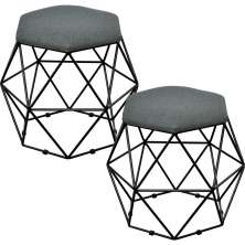 Kit 02 Puffs Decorativo Aramado Preto Six L02 Linho Chumbo - Lyam Decor