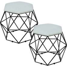 Kit 02 Puffs Decorativo Aramado Preto Six L02 Linho Cinza - Lyam Decor