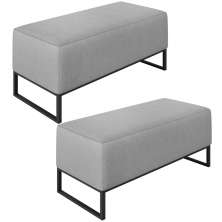 Kit 02 Puffs Decorativo Para Sala de Estar Cléo W01 Base de Ferro 90 cm Linho Cinza - Lyam Decor