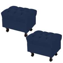 Kit 02 Puffs Decorativos París L02 Luis XV Capitone Suede Azul Marinho - Lyam Decor