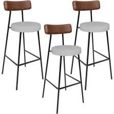 Kit 03 Banquetas Alta Bar Cozinha Sala Jantar Milão L02 Couríssimo Marrom Linho Cinza - Lyam Decor
