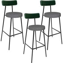 Kit 03 Banquetas Alta Bar Cozinha Sala Jantar Milão L02 Facto Verde Linho Cinza Escuro - Lyam Decor