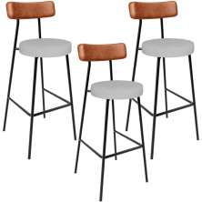 Kit 03 Banquetas Alta Cozinha Sala De Jantar Aço Milão L02 Couríssimo Camel Linho Cinza - Lyam Decor