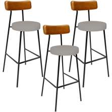 Kit 03 Banquetas Alta Cozinha Sala Jantar Aço Milão L02 Couríssimo Whisky Linho Bege - Lyam Decor