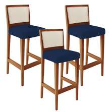 Kit 03 Banquetas Alta Para Cozinha Encosto em Tela Branco Zion L02 Suede Azul Marinho - Lyam Decor