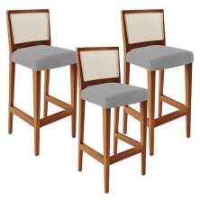 Kit 03 Banquetas Alta Para Cozinha Encosto em Tela Branco Zion L02 Suede Cinza - Lyam Decor